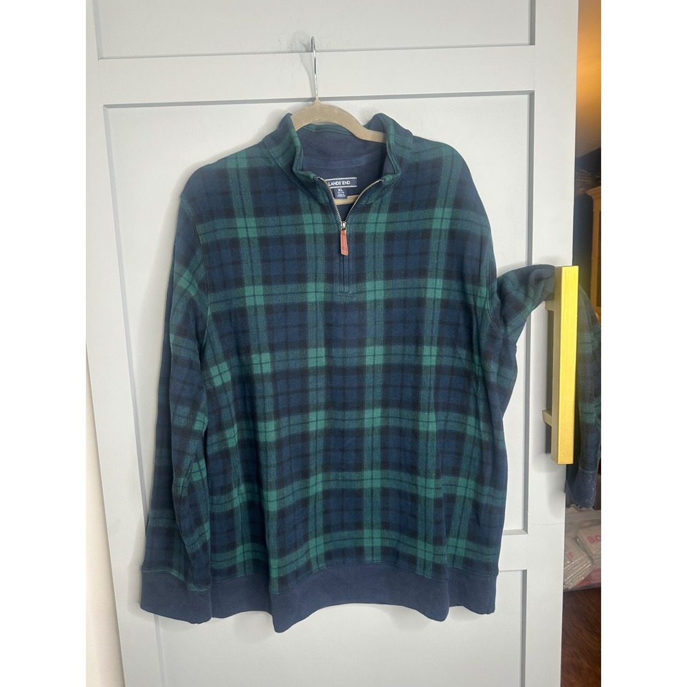 Lands End Mens XL Green Blue Plaid 1/4 Zip Cotton Pullover Sweater Black Watch